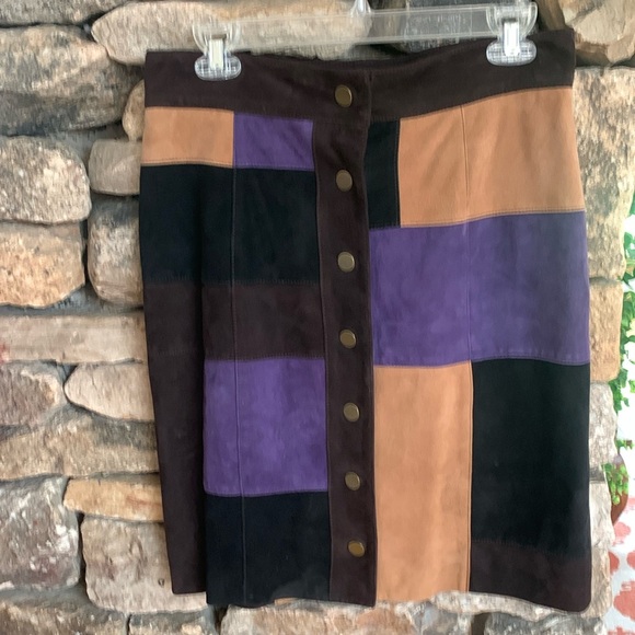 WORTH genuine Leather vintage patch Skirt geometric patchwork squares 8 💜🤎 boho - Picture 1 of 5